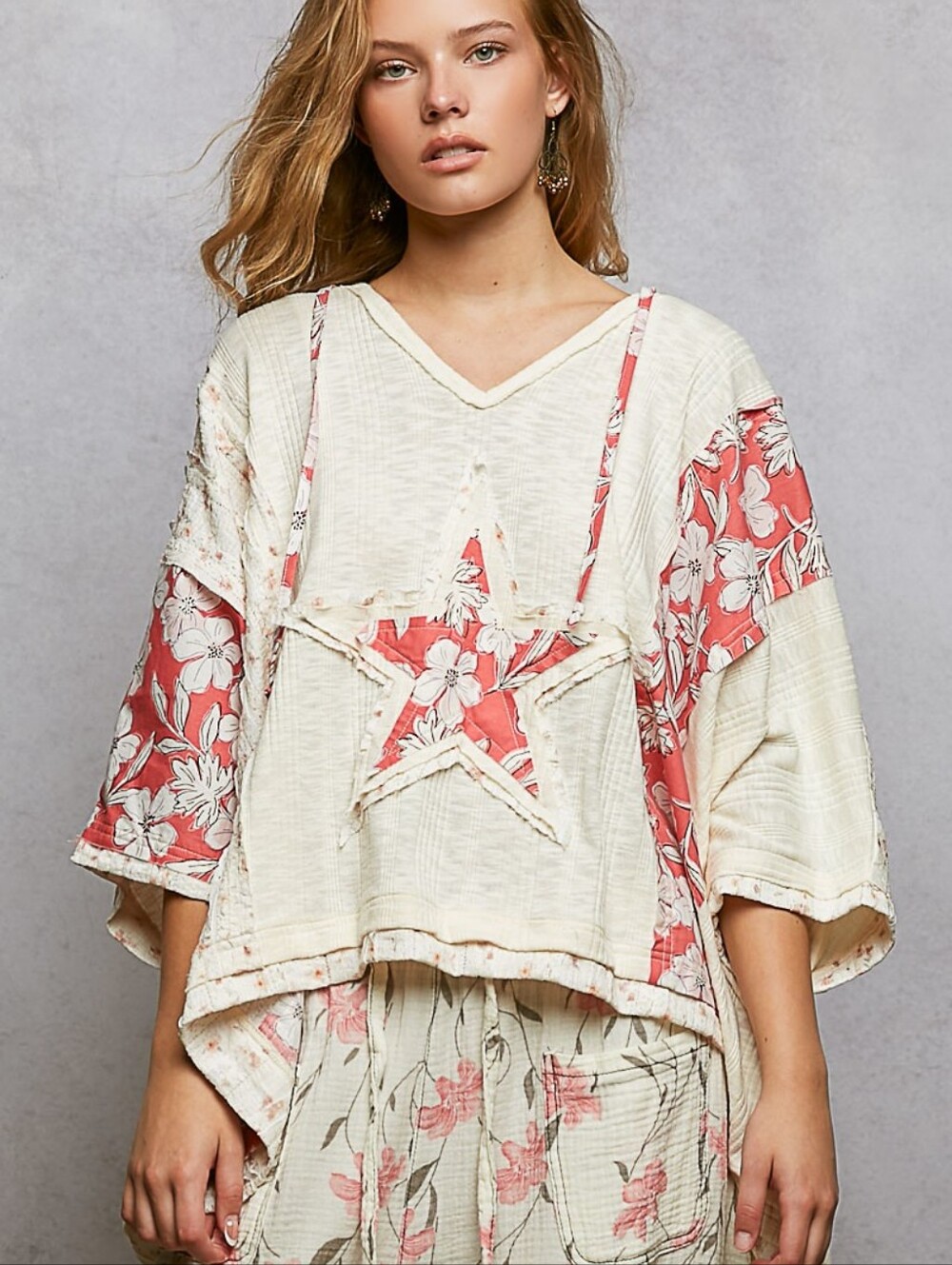 POL Floral Star Patch Hooded Knit Top Cream Pink Boho Style GKT622